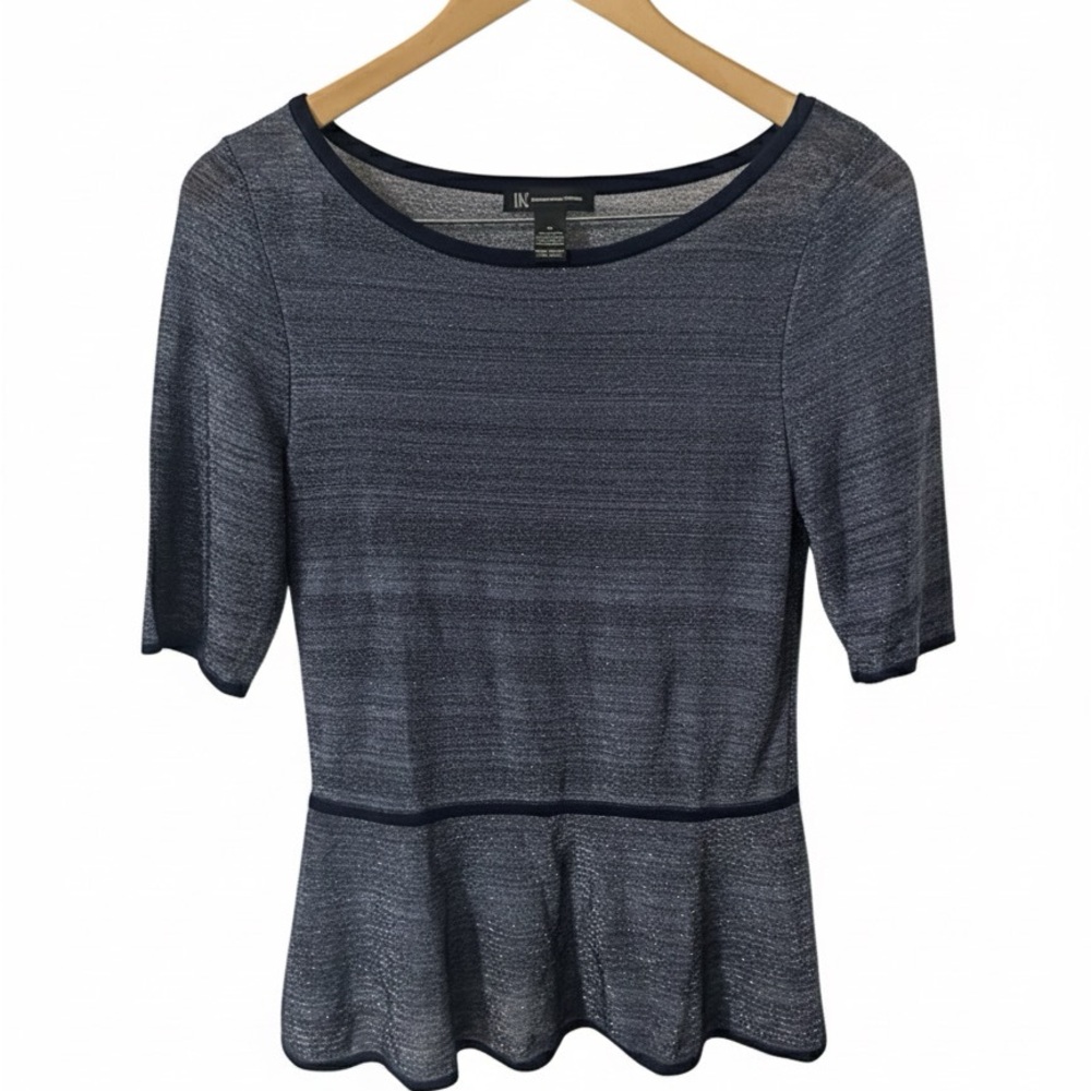 INC International Concepts Navy Short Sleeve Peplum Top